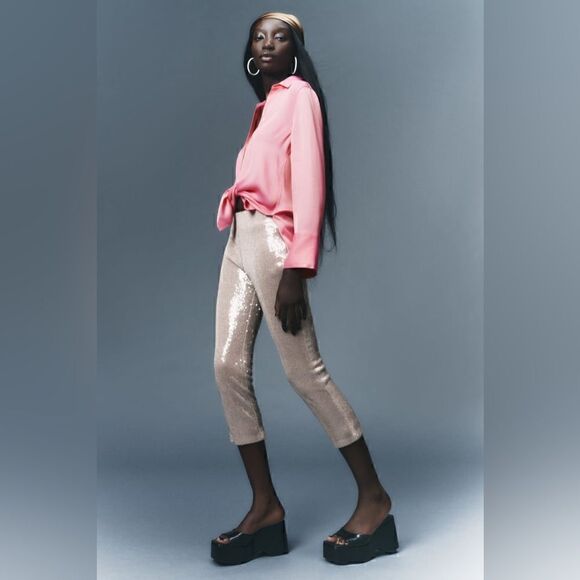 ZARA SEQUIN CROPPED PANTS - Picture 4 of 7